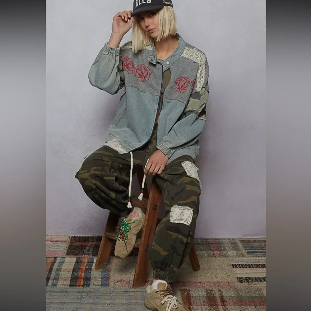 164. Oversized crochet rose embroidery camo denim jacket